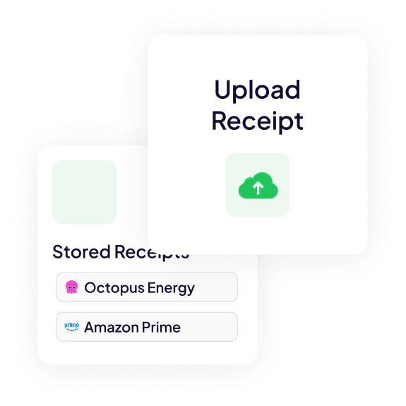 Upload Receipt card with Stored Receipts showing Octopus Energy and Amazon Prime